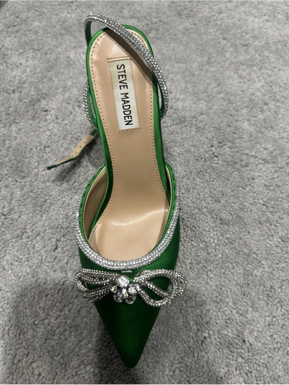 Steve Madden Emerald Green Satin Pointed Slingback with Crystal Bow
